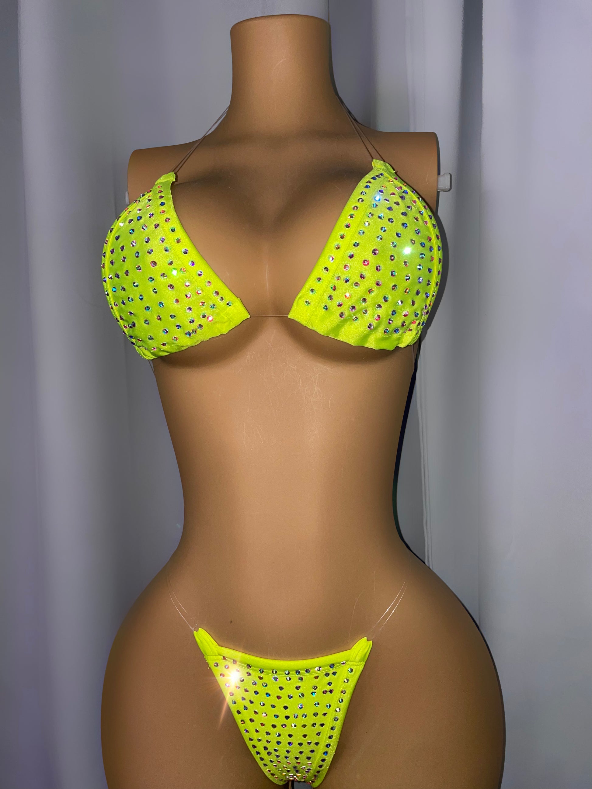 Chartreuse Rhinestone Bling Micro Bikini - Exotic dance outfit
