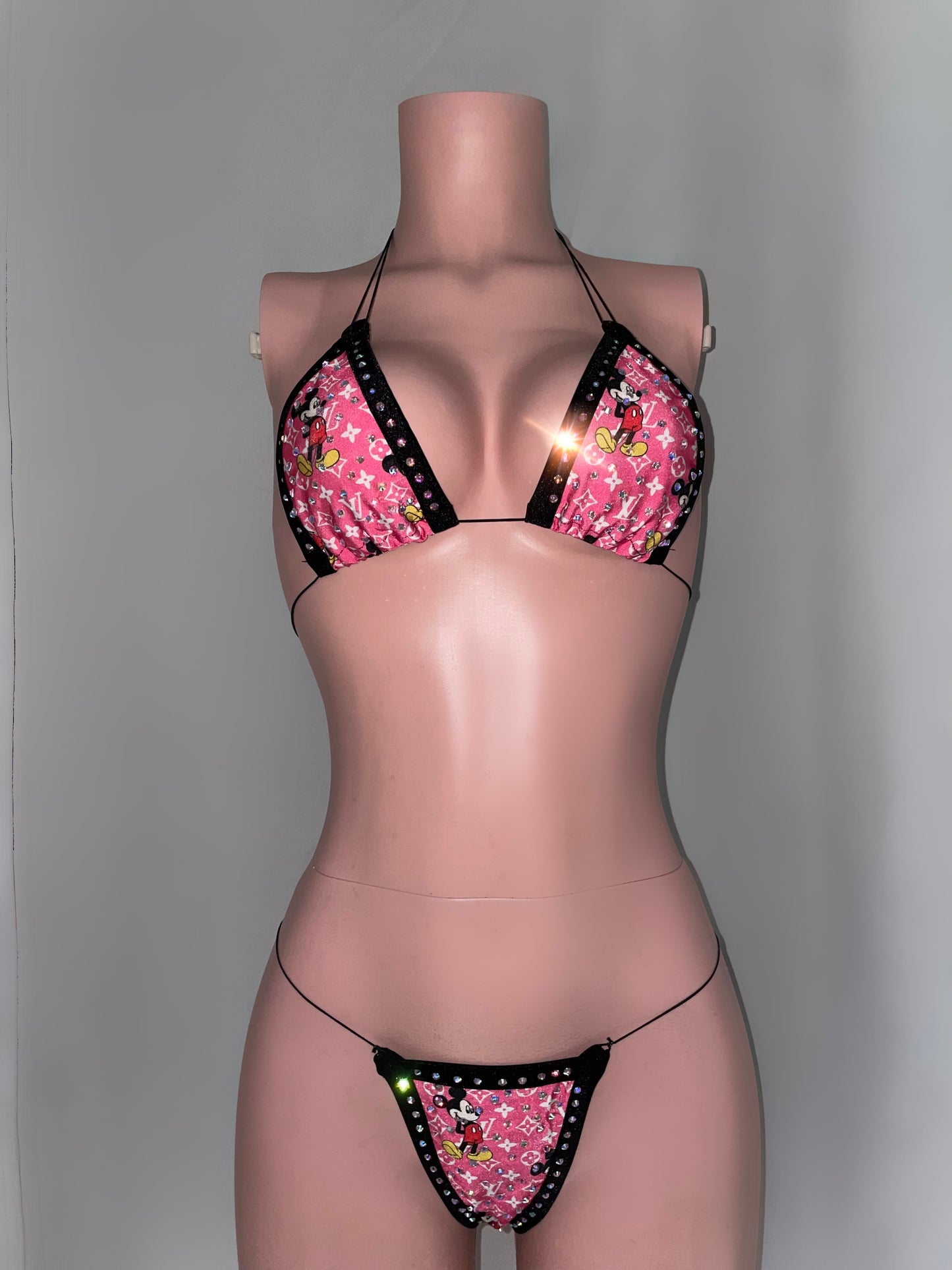 Pink cartoon rhinestone micro bikini set front view for strippers