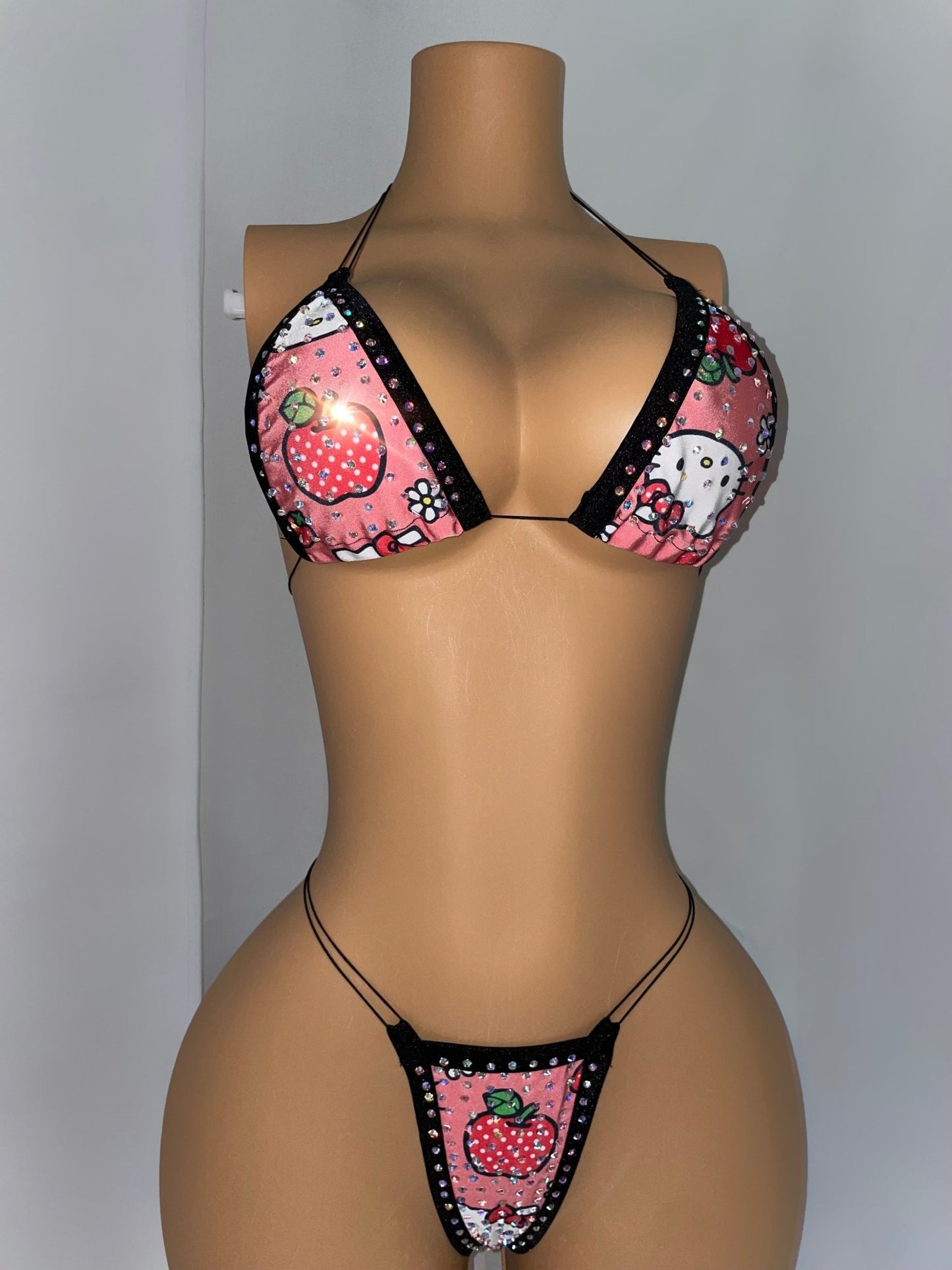Pink kitty rhinestone micro bikini set front view exotic dance outfit