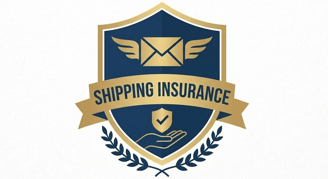 Shipping insurance logo with blue and gold design on a white background
