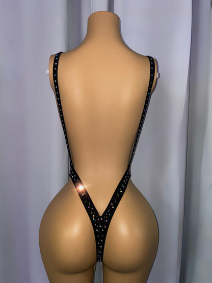 Black rhinestoned thong bodysuit back