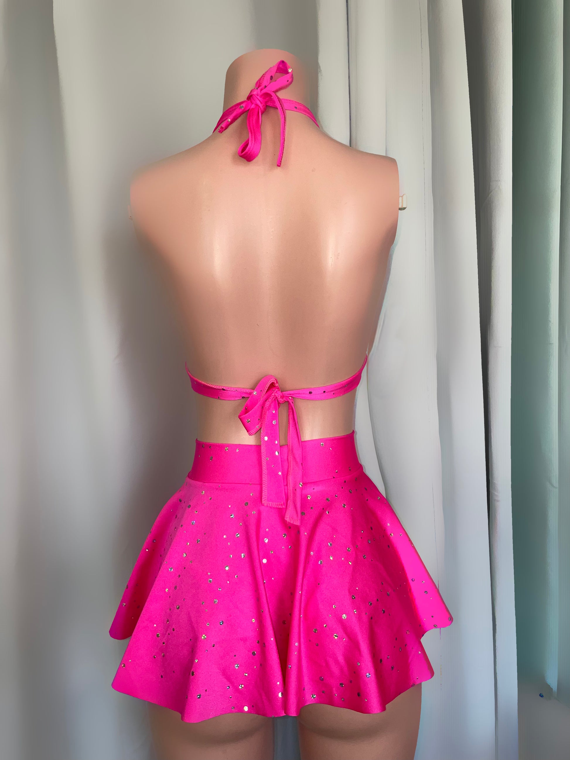 Back of 3pc pink exotic dancewear skirt set