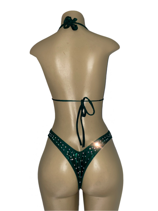 Emerald green rhinestone bikini back view