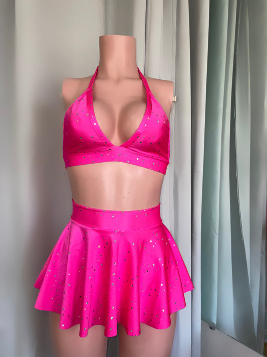 3pc pink exotic dancewear skirt set