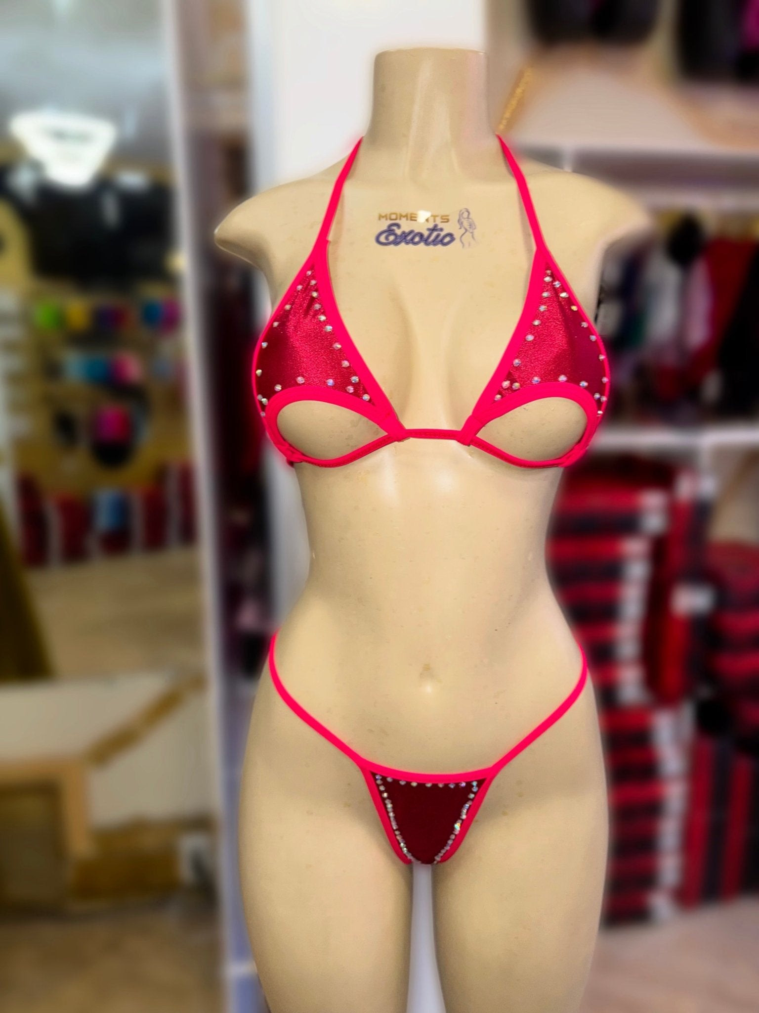 Hot Pink Rhinestone Microkini Fits S-M - Exotic dance outfit