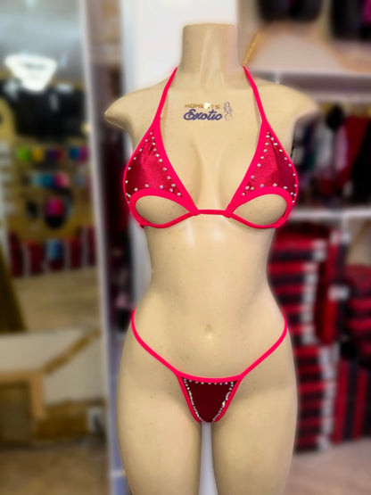 Hot Pink Rhinestone Microkini Fits S-M - Exotic dance outfit