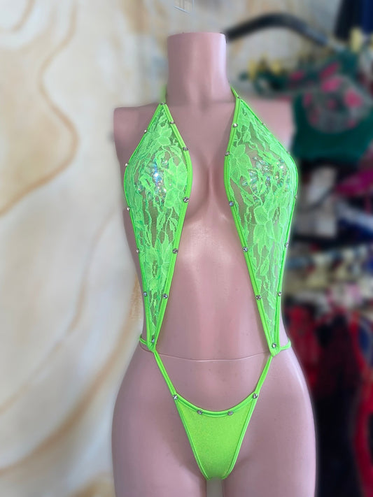 Neon Green Lace Slingshot - Exotic dance outfit