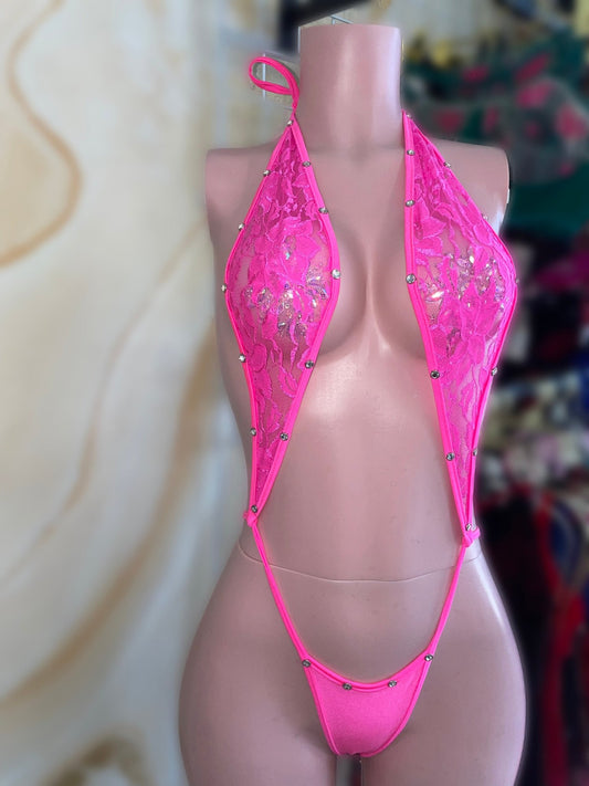 Neon Pink Lace Slingshot - Exotic dance outfit