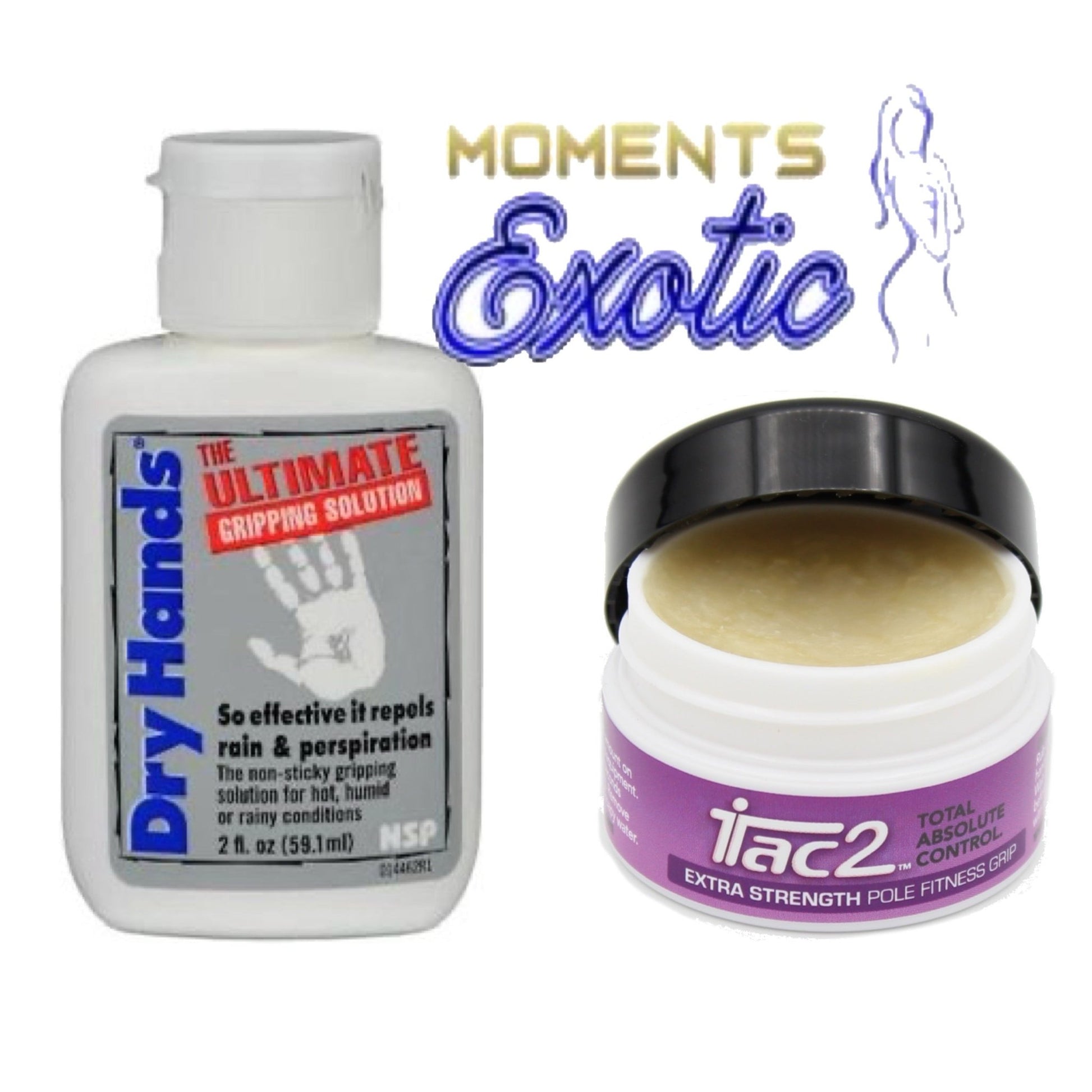Dry hands and iTac2 grip aid for pole dancers and exotic performers.